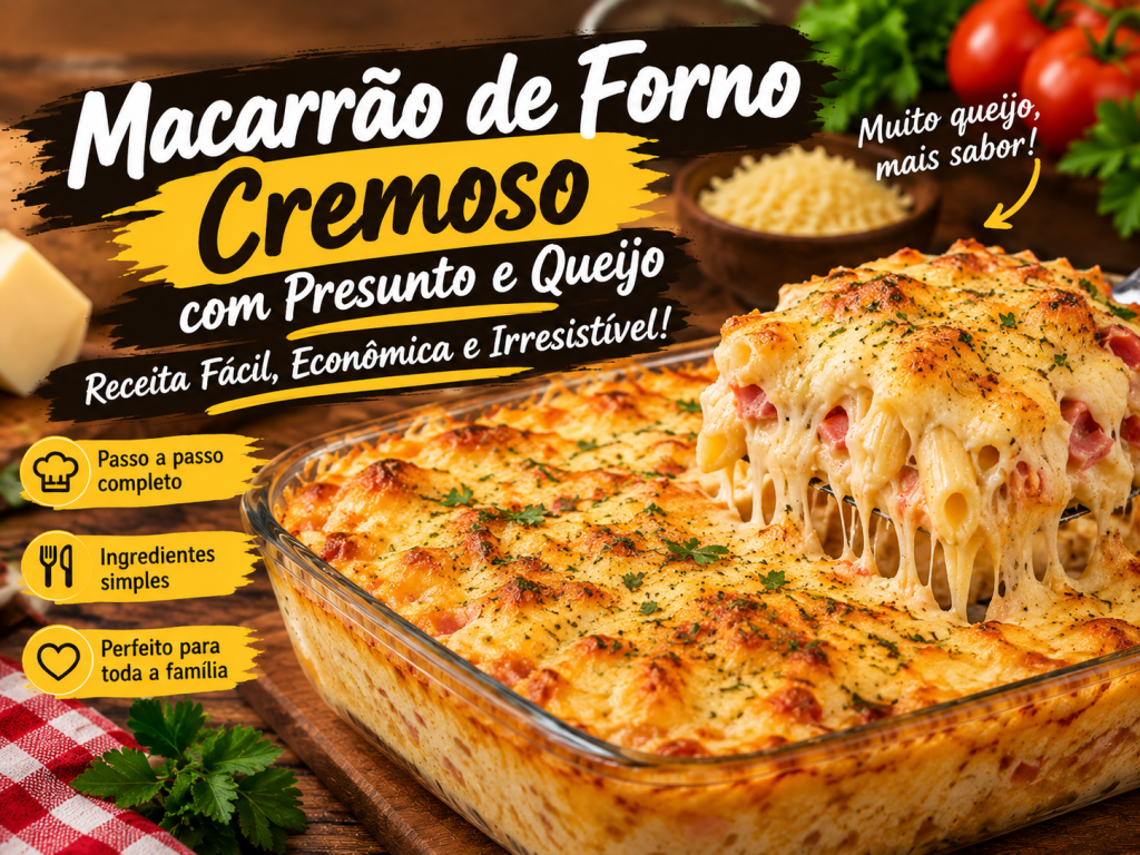 Macarrão de forno cremoso com presunto e queijo