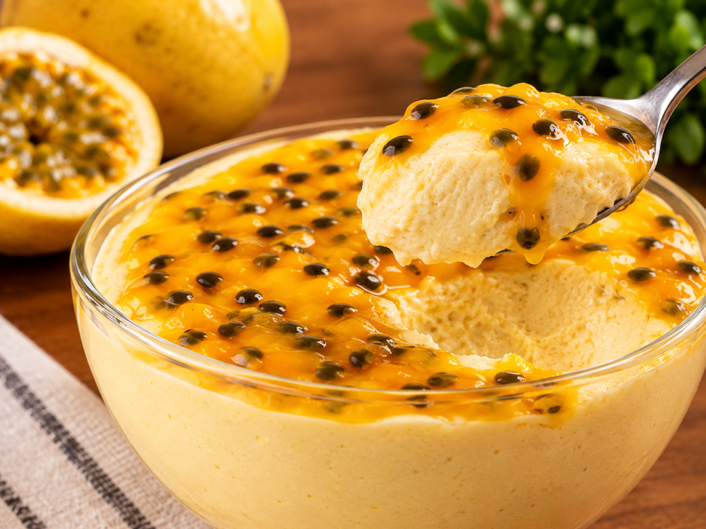 Mousse de maracujá cremoso com calda